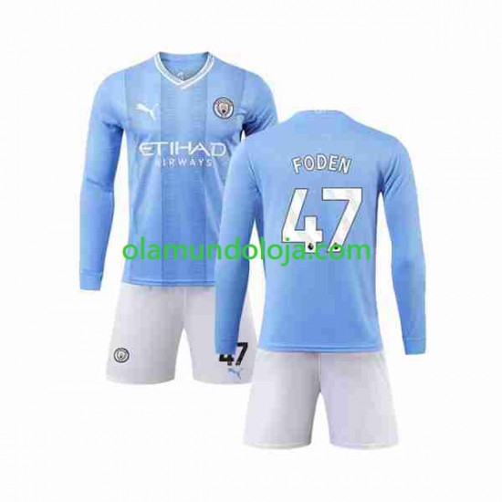 Camisola Manchester City Phil Foden 47 Criança Equipamento Primeiro 2023-2024 Manga Comprida